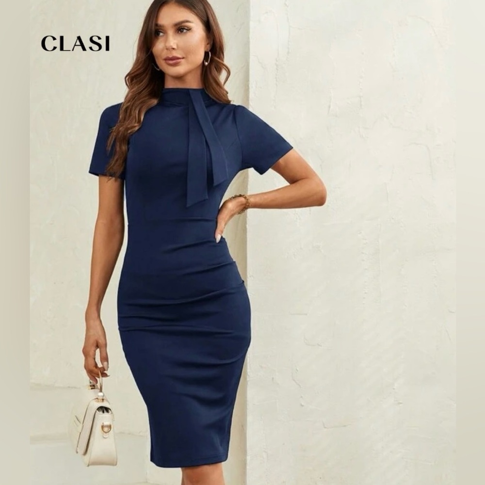 Navy Blue Short Sleeve Dress-Smart Casual-Business Attire-Professional look